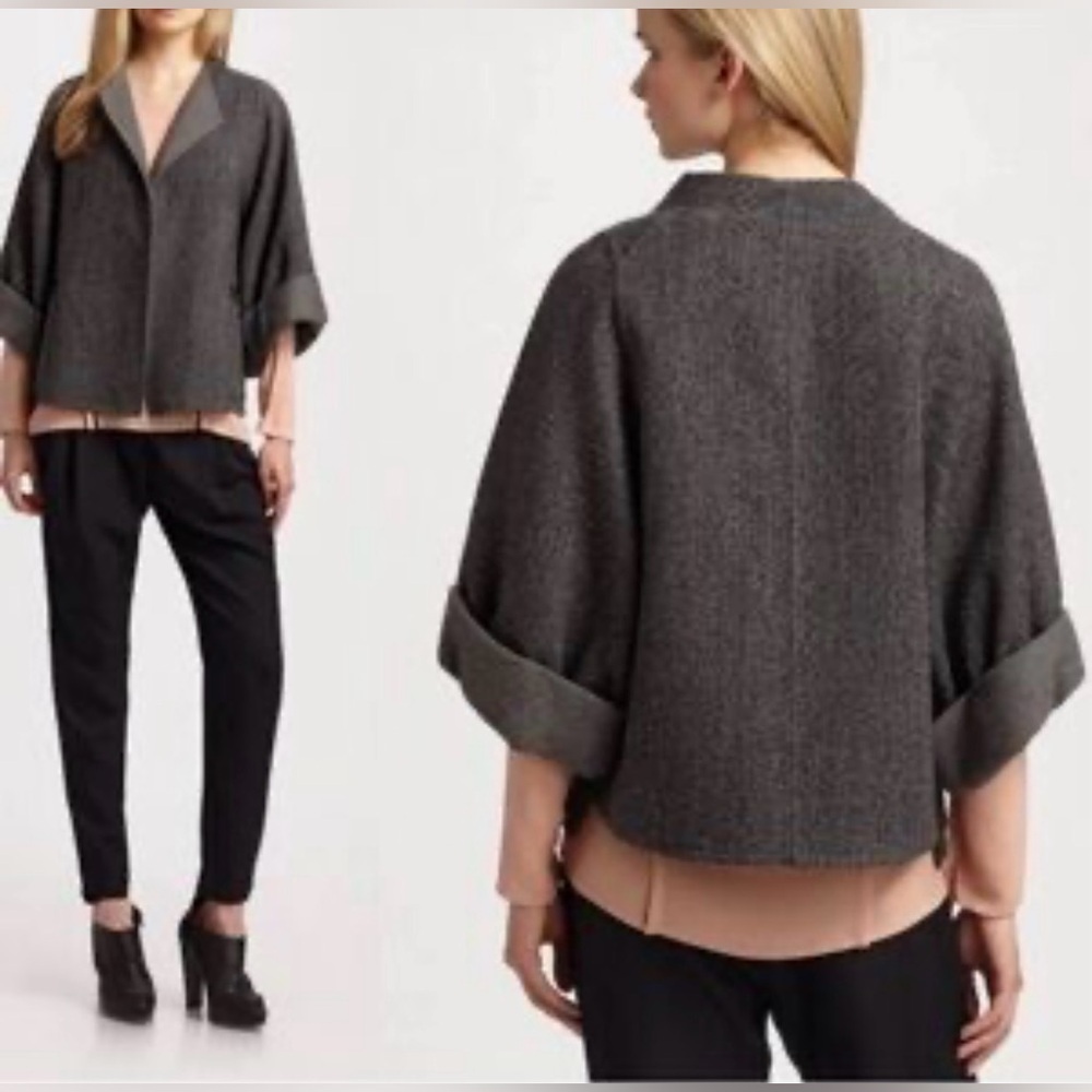 3.1 Phillip Lim Gray Wool herringbone Kimono Sleeve Jacket designer sz L EUC